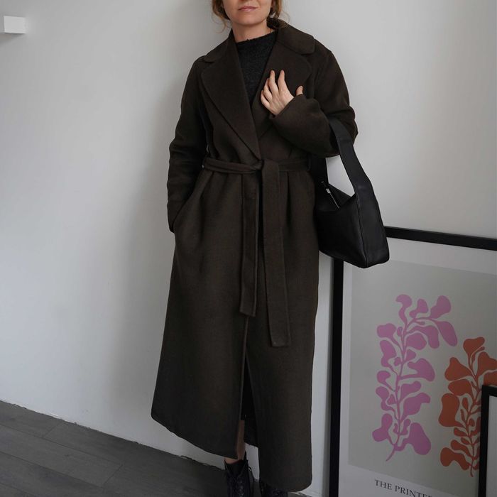 Довге вовняне двобортне пальто MANGO