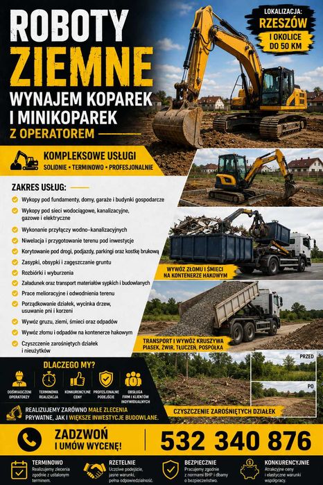 Usługi koparką / wykopy / wyburzenia / rozbiórka hal / czyszczenie działek / wywóz śmieci i odpadów