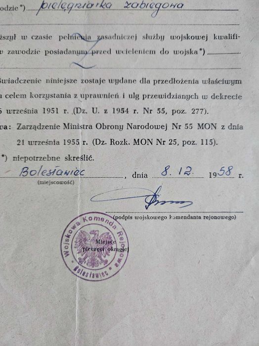 Stary dokument zaświadczenie pielęgniarka zabiegowa 1958r