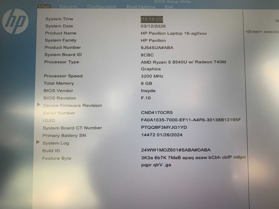 Ноутбук HP Pavilion 16-ag0052wm Ryzen 5 8540U 3.2GHz/8Gb