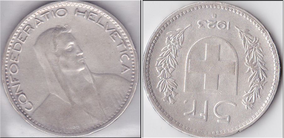 Prata Suíça 5 Francos - Tema Guilherme Tell (modulo maior) 1923 RARO