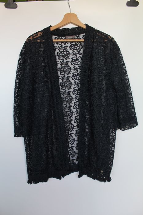 Granatowa koronkowa ażurowa narzutka z frędzlami C&A XXL 42