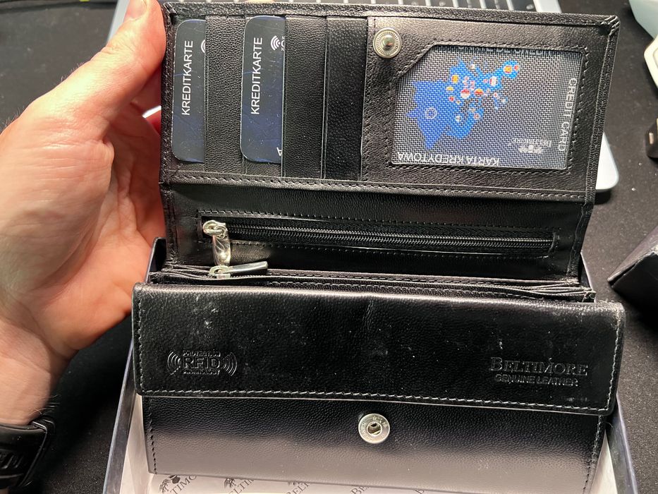 Nowy portfel damski Beltimore RFID — czarny, skóra naturalna, pudełko