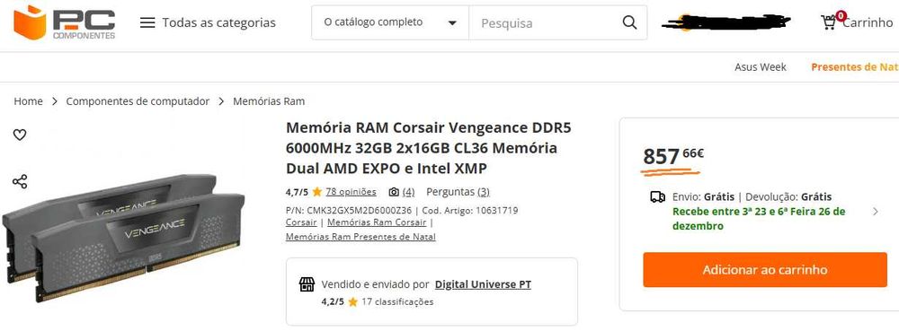 RAM Corsair Vengeance DDR5 6000MHz 32GB CL36 AMD EXPO/Intel XMP novas