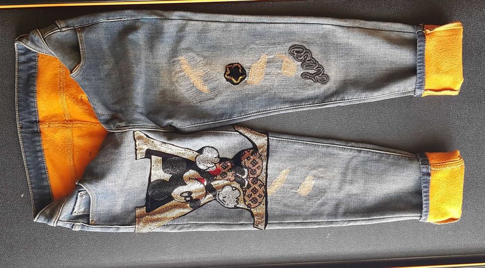 Spodnie jeans LV stretch, slim naszywki, przetarcia, roz.XL