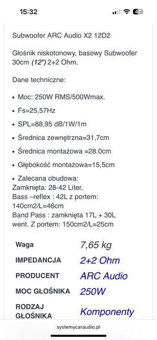 Subwoofer Arc audio x2 12d2 głośnik niskotonowy 30 cm