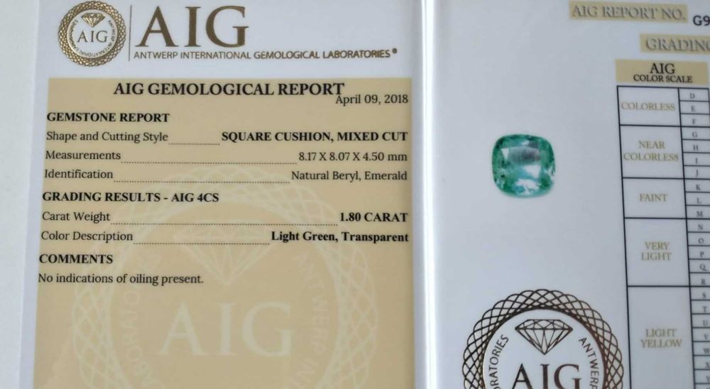 Esmeralda natural com 1,80 Cts, Talhe Cushion, com Certificado