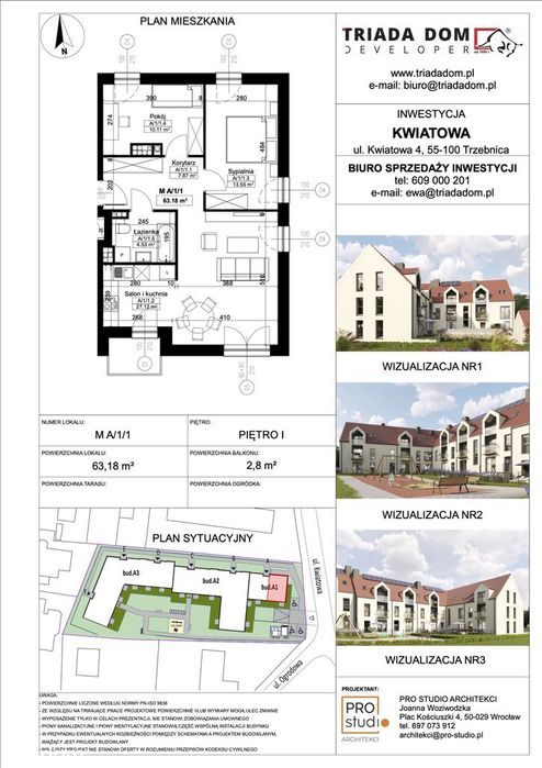 Mieszkanie A/1/1 - 3 pokojowe o powierzchni 63 m2, z balkonem