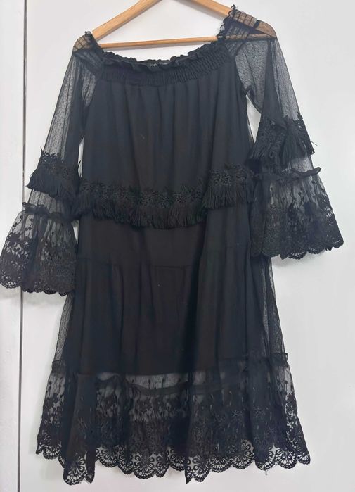 KORONKOWA sukienka z frędzlami odkryte ramiona M L