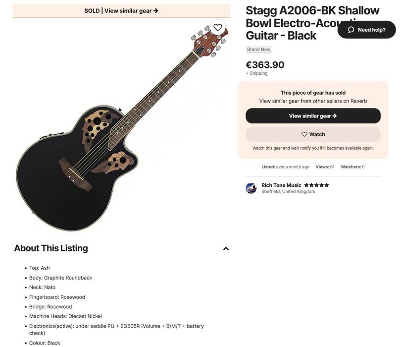 Stagg A2006-BK Shallow Bowl Electro-Acoustic Guitar - Black