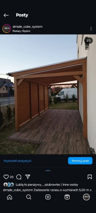 Taras z pergolą drewnianą • dach: poliwęglan, gont, blachodachówka