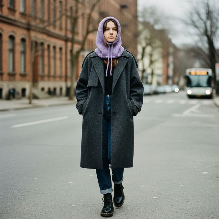 Balaclava oversize kominiarka kaptur zamiast czapki z merino liliowa
