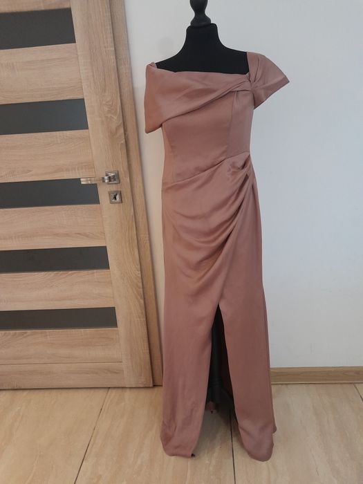 Piękna elegancka efektowna sukienka rozciecie asymetryczna góra L 40