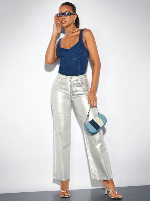 Body Jeansowe Dopasowane Z Dekoltem Serce Niebieskie Casual Shein Xs