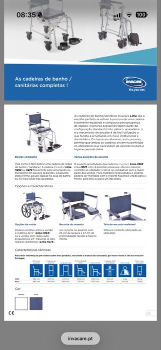 Cadeira banho/wc invacare H263 Lima