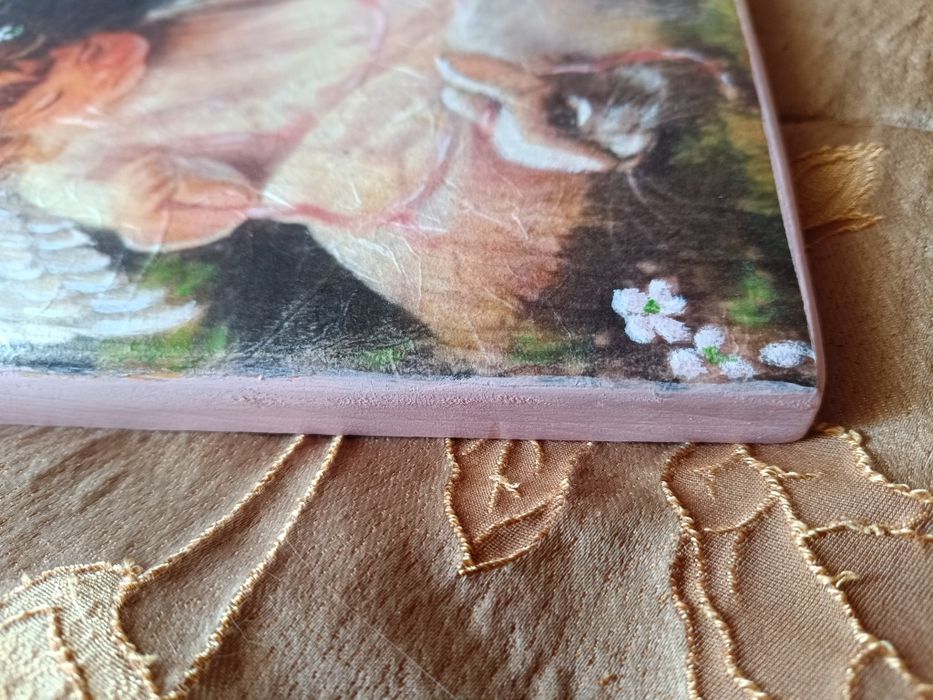 Aniołek i zajączek, obrazek na drewnie decoupage