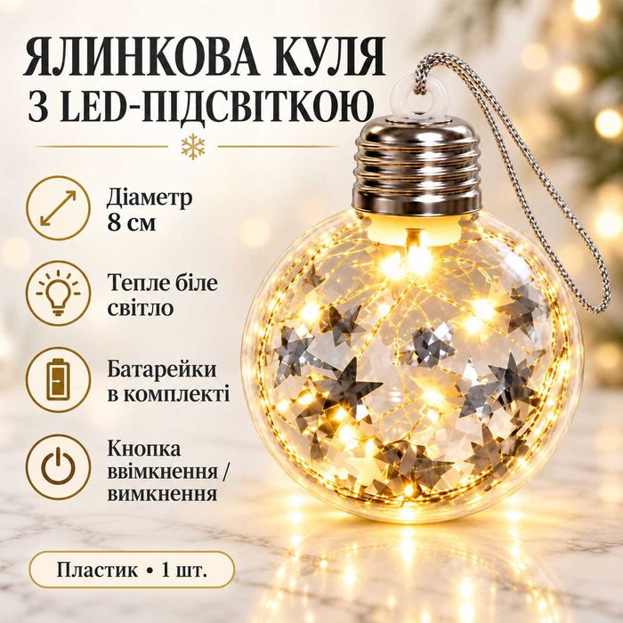 Ёлочный шар с LED-подсветкой 8 см, прозрачный со звёздами, тёплый белый свет