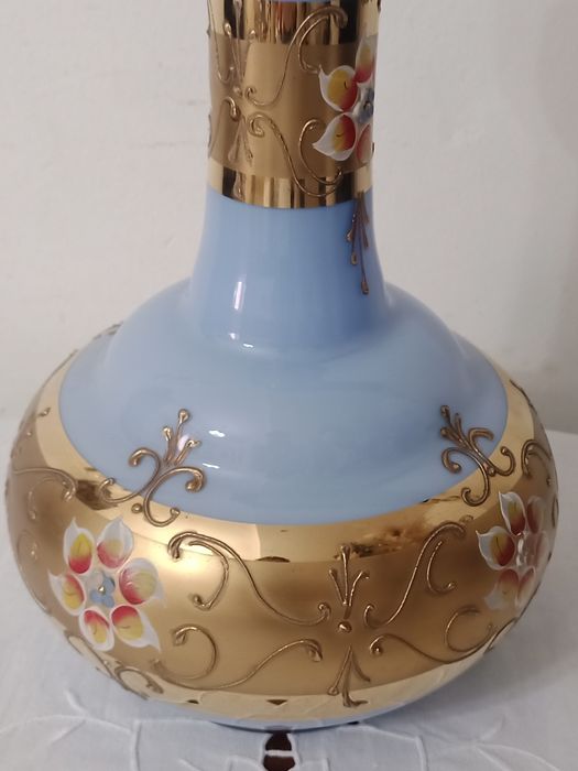 Jarra antiga vidro murano azul com aplicações em ouro