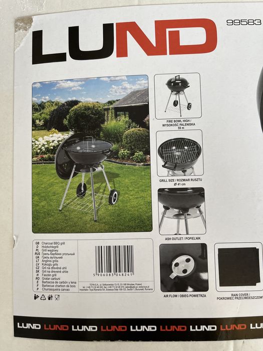 Nowy gril węglowy z pokrywą fi41cm Lund + pokrowiec