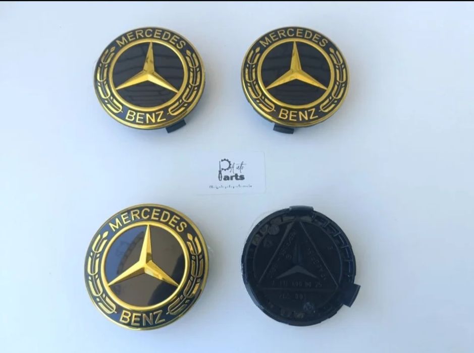 Conjunto 4 Centros de jante Mercedes 75mm "Dourado/Preto"