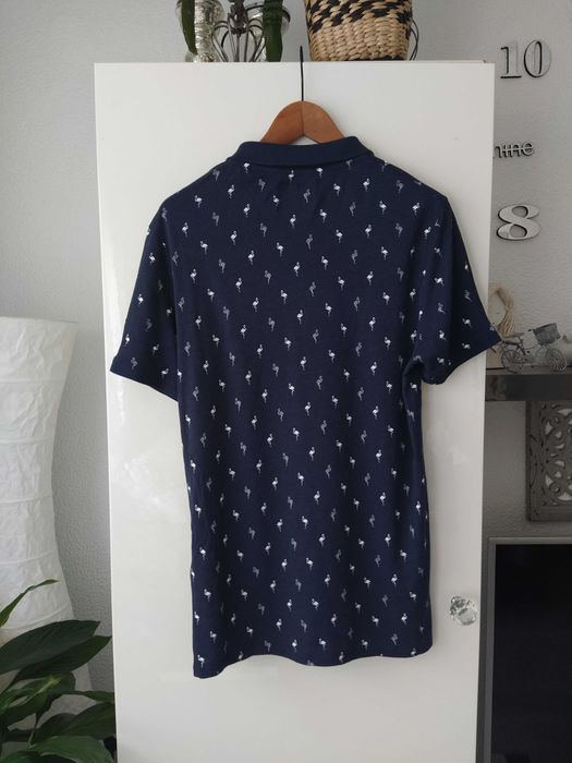 GUESS Los Angeles granatowa koszulka polo w białe flamingi roz. L