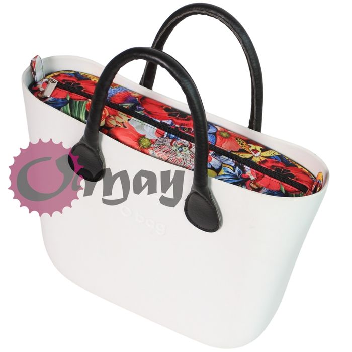 Czarny organizer OBAG MINI +OPASKA kwiaty maki 2 kieszenie wkład OMAY