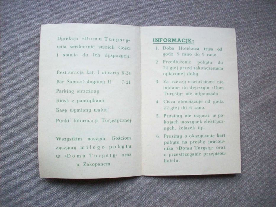 Karta pobytu, Dom Turysty, Zakopane, 1973, PRL.