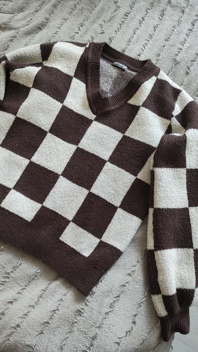Sweter damski szachownica S 170cm beżowy brązowy