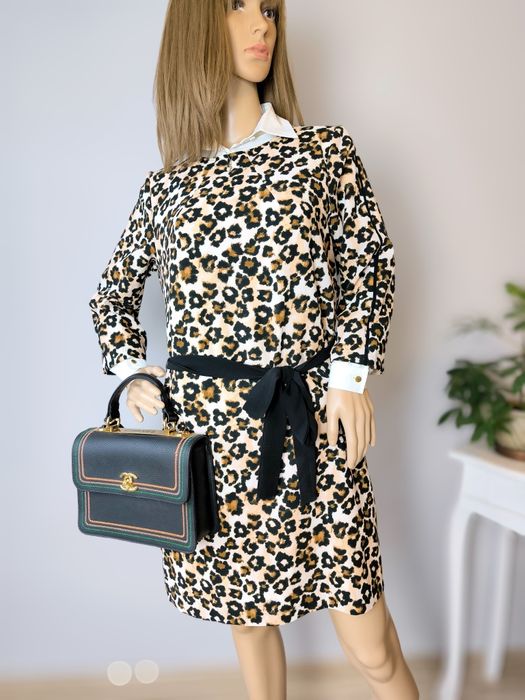 Sukienka H&M 42 XL świąteczna panterka elegancka zimowa z paskiem