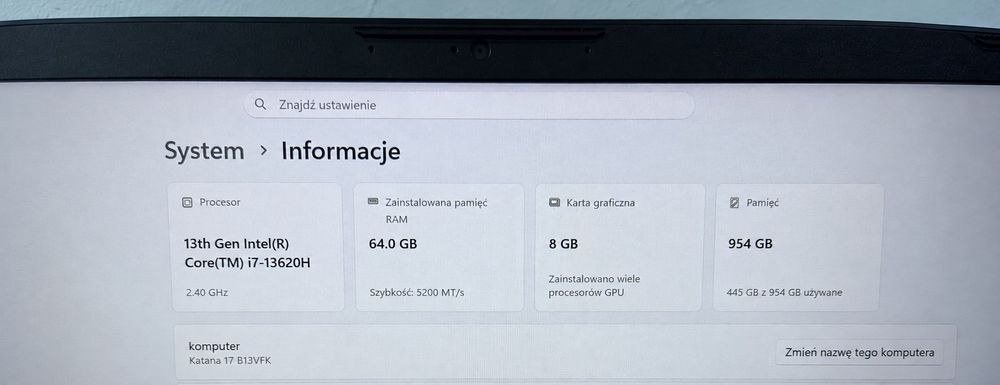 Laptop MSI Katana 17 – i7, RTX 4060, 64 GB RAM, SSD 1 TB, 144 Hz