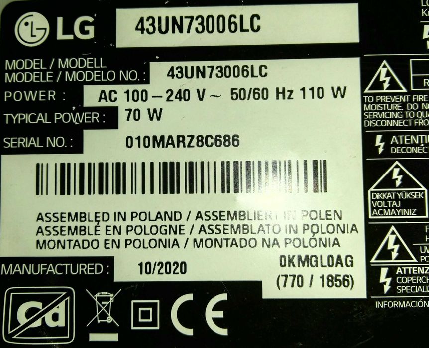 Mainboard LG eax 6 9 0 8 3 6 0 3 LJ20 chassis 43UN73006