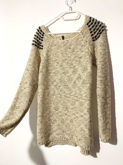 sweter beż nude S M 38 w łódkę z kamieniami koraliki boho hippie etno