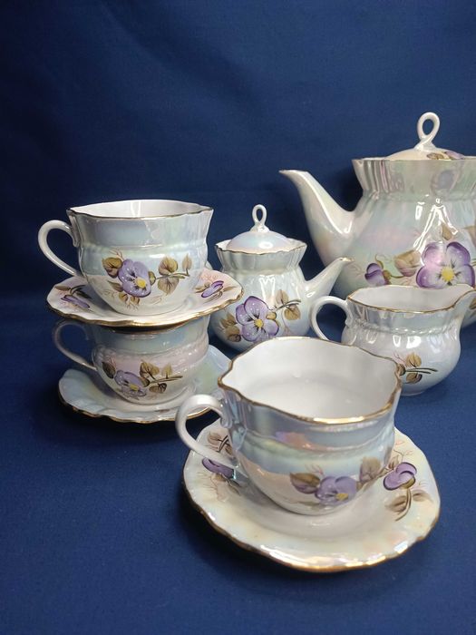 Чайний сервіз перламутровий з фіалками Коростень 1 сорт