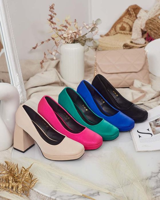 5 KOLORÓW 36 37 38 czółenka 39 40 41 satynowe na obcasie słupku kwadra