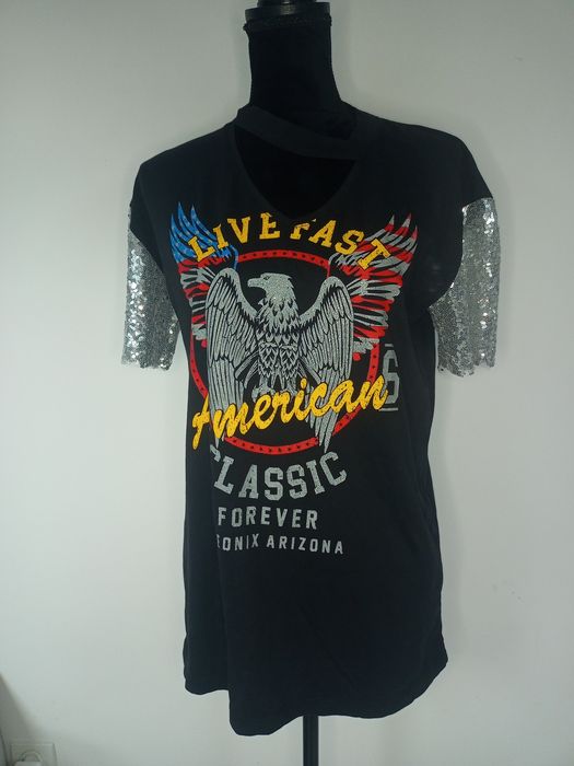 Bawełniany czarny  t-shirt z cekinami LSK S,
Od pachy do pachy 51 cm
R