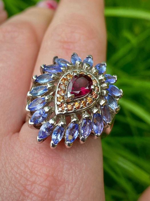 Srebrny pierścionek  z naturalnymi Tanzanitem i Granatem!!!