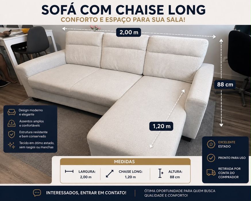 Sofá com Chaise Long em Excelente Estado