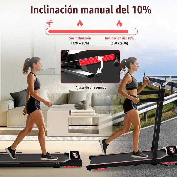 Passadeira elétrica com inclinação, velocidade de 1 a 6 km/h, motor de 2,5 HP, comando e aplicação, capacidade de 120 kg.
