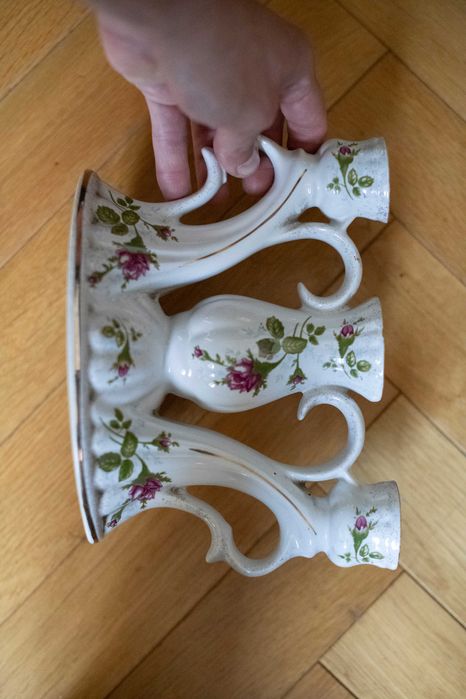 Świecznik Porcelanowy Chodzież Vintage Retro Róże Trójramienny Polska