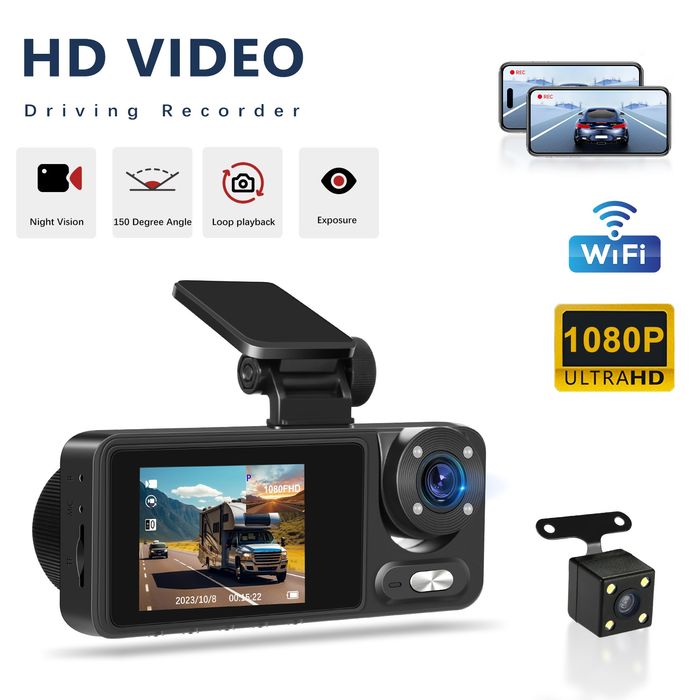 Câmara automotiva HD DashCam Lente dupla gravação WI-FI Novo