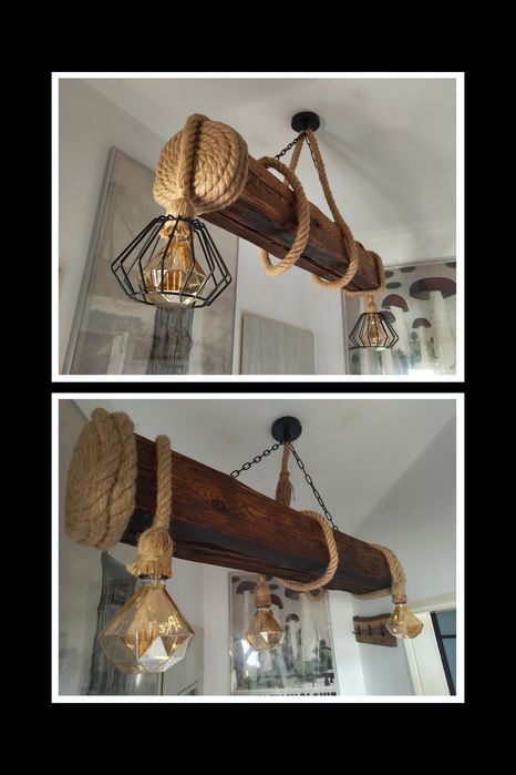 Lampa sznur jutowy 3xe27 belka rustykalna loft handmade klosze