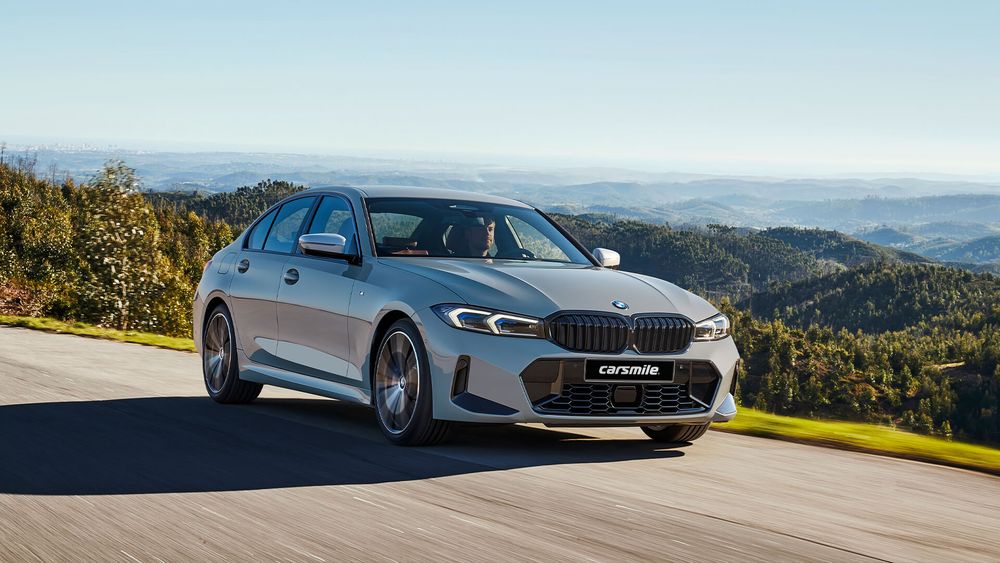 Szare BMW Seria 3 Sedan z przodu podczas jazdy