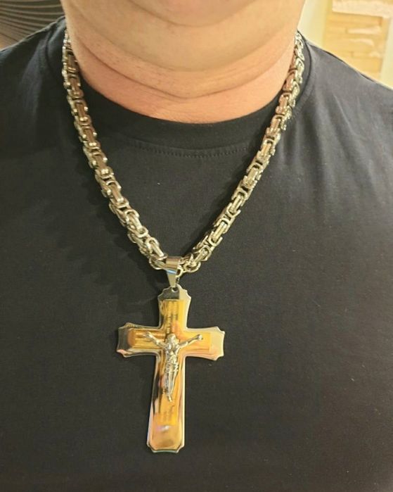 Komplet męski łańcuszek I krzyż splot królewski stal chirurgiczna 60cm
