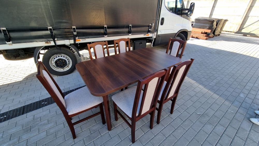 Nowe: Stół 80x140/180 + 6 krzeseł, orzech + kawa z mlekiem, dostawa PL