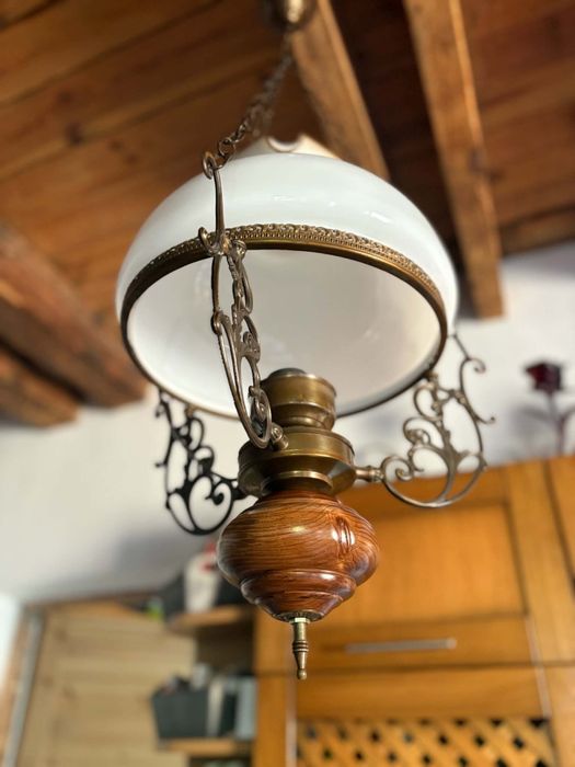 Rustykalna Lampa Wisząca Retro z Mosiądzu i Drewna Vintage