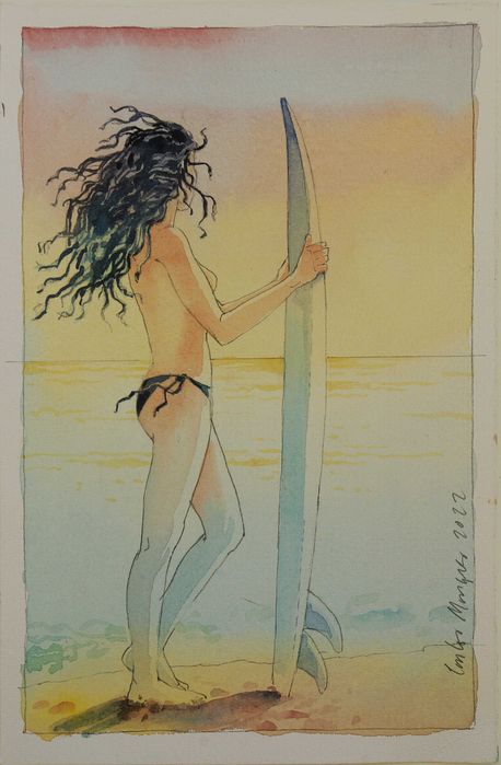 Surfista contemplando o mar. Aguarela de Carlos Marques.