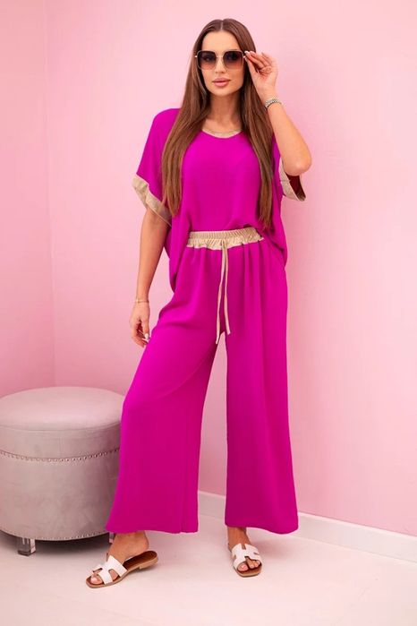 Komplet damski fioletowy wiskoza złote obszycie szerokie spodnie