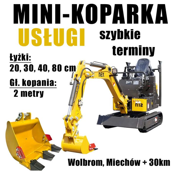 Usługi MINI KOPARKĄ wykopy, KOSZENIE TRAWY MULCZER, koparko-ładowarka, minikoparka, wywrotka, glebogryzarka odśnieżanie