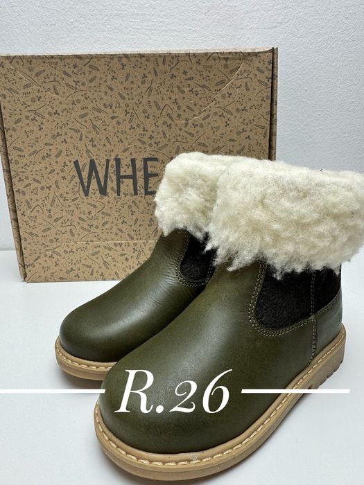 Nowe skórzane trzewiki zimowe Wheat Timian Wool – Oliwkowe, Rozmiar 26