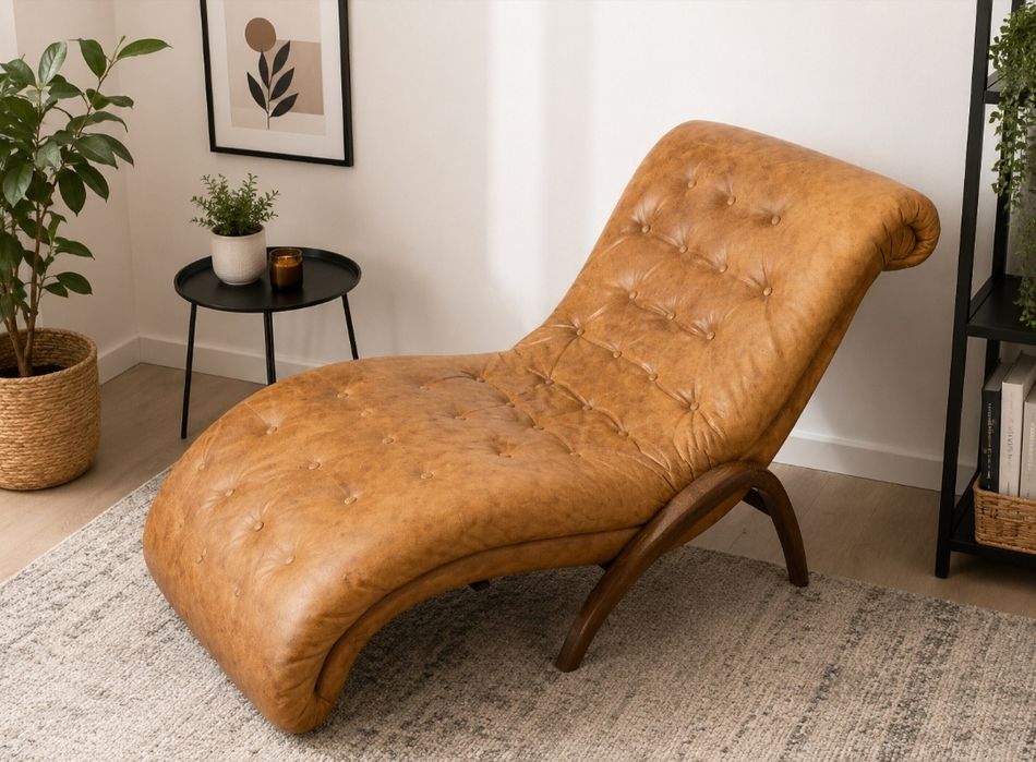 Cadeirão/Chaise Longue Vintage em Pele Sintética Camel